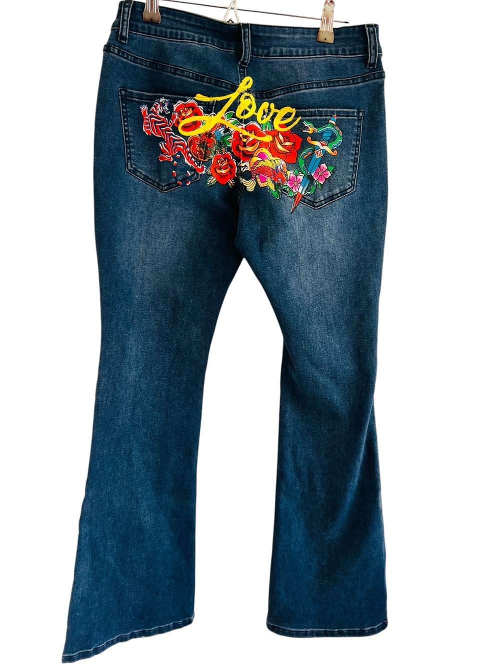 Denim Flare “Love' Graphic Print Dark Blue Jeans